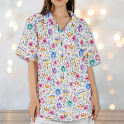 Lifestyle view of the button-down Hanukkah shirt
