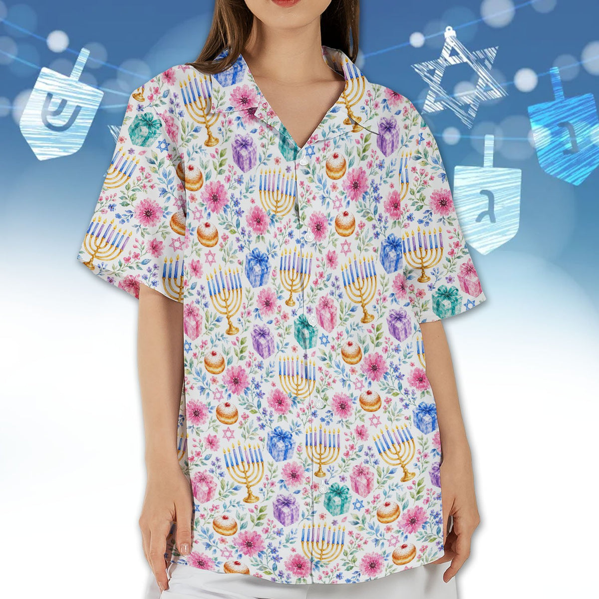 Back lifestyle view of the watercolor Star of David and menorah pattern