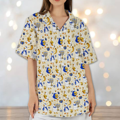 Lifestyle view highlighting the dreidel and menorah pattern on the shirt