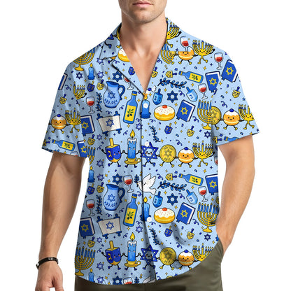 Lifestyle view of matching family hawaiian shirts with Hanukkah pattern
