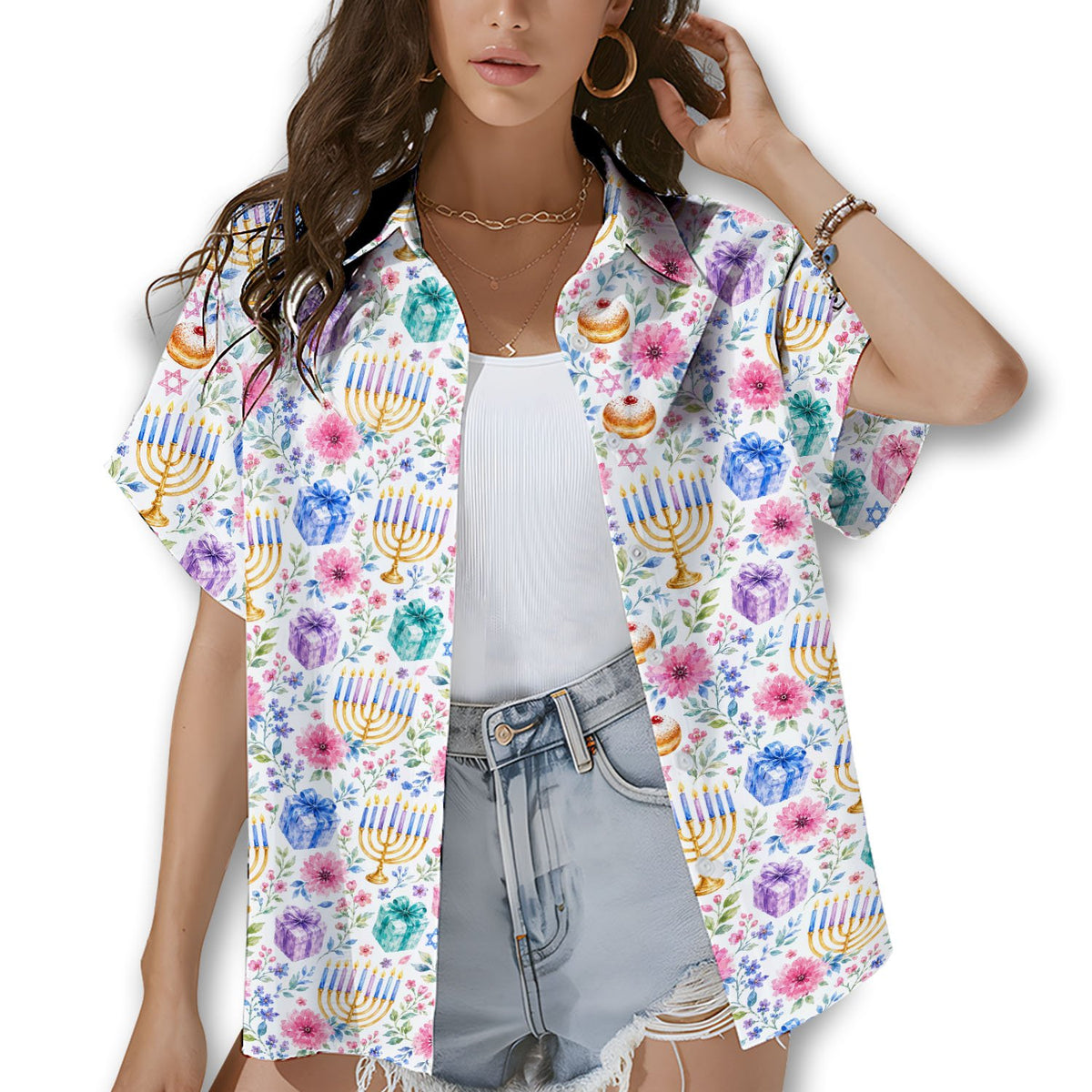 Lifestyle view of a family wearing matching Hanukkah hawaiian shirts