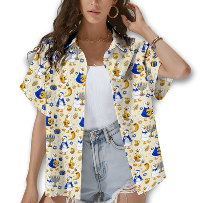 Lifestyle view of people wearing matching hawaiian shirts for hanukkah