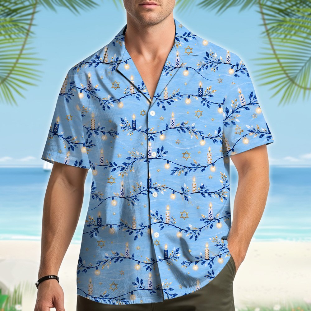 Lifestyle view of an adult wearing the hanukkah hawaiian shirt
