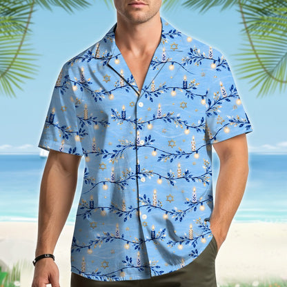 Lifestyle view of an adult wearing the hanukkah hawaiian shirt