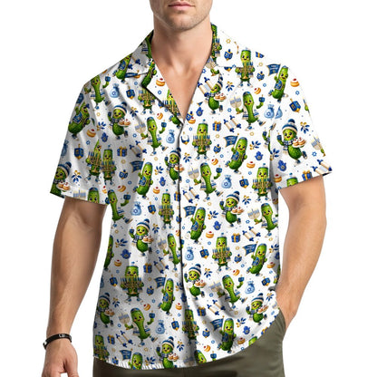 Lifestyle view of a person wearing the Hanukkah hawaiian shirt during the holidays