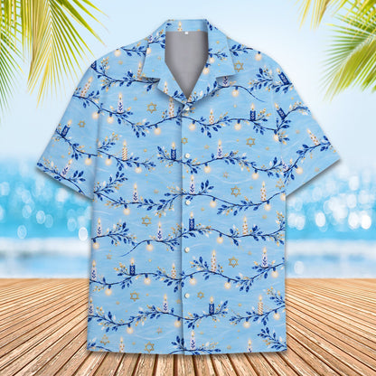 Additional detailed view of the hanukkah hawaiian shirt fabric and print