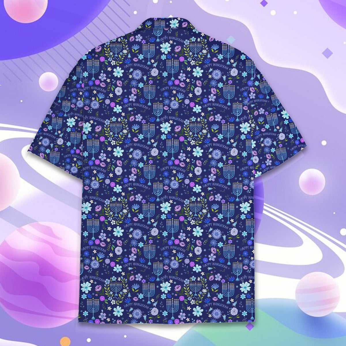 Back view of the navy blue Hanukkah button-down shirt, variant 4