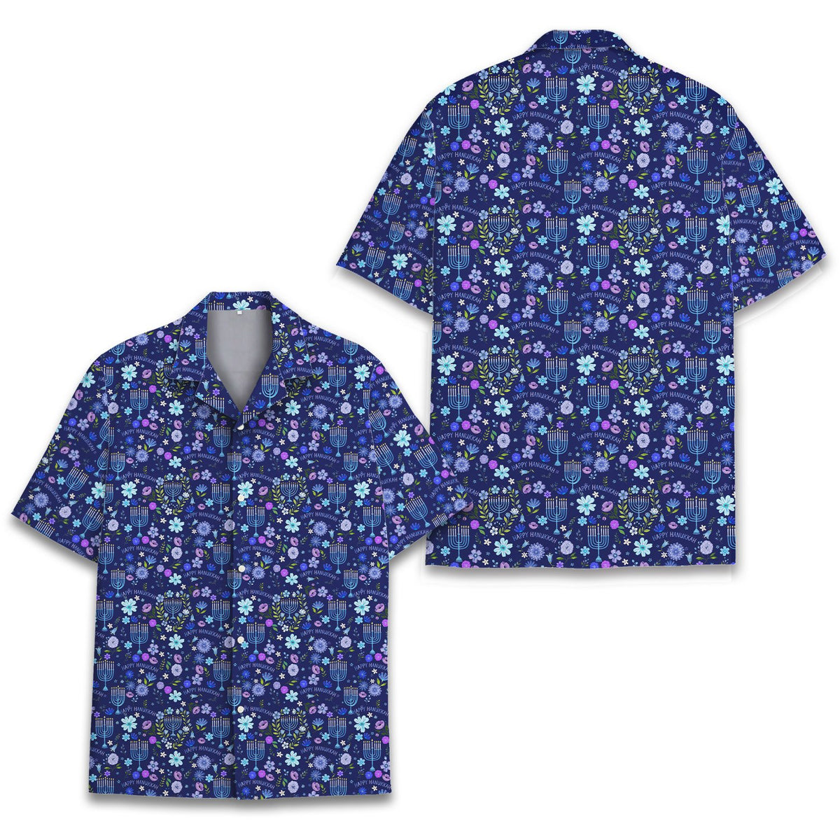 Back view of the navy hanukkah hawaiian shirt