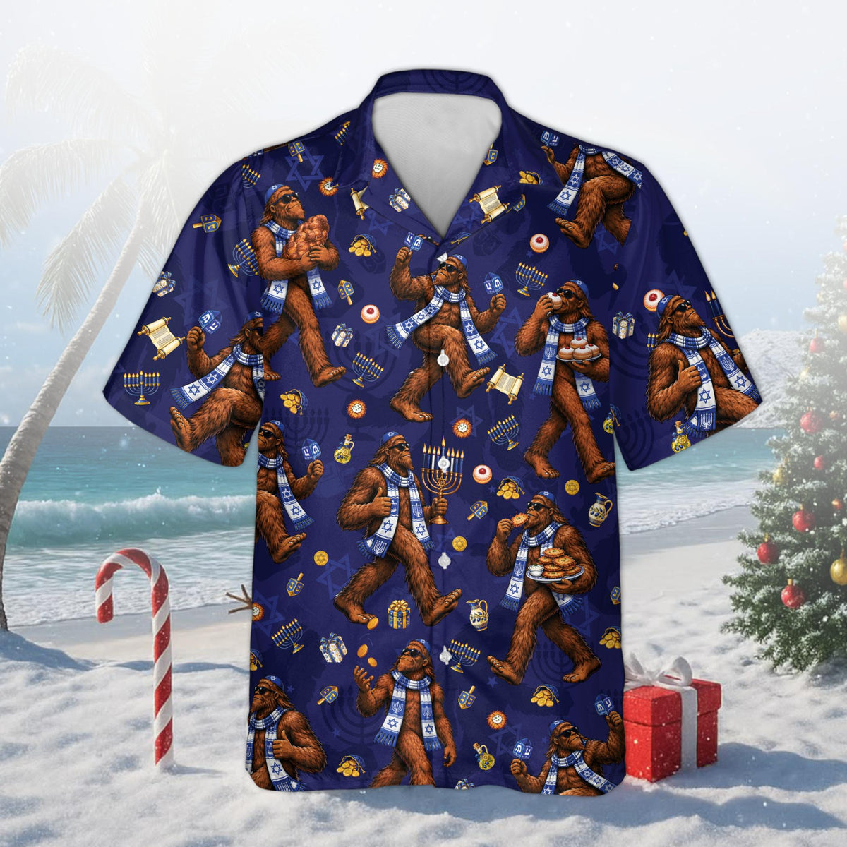 Navy matching family hawaiian shirts for Hanukkah, front view