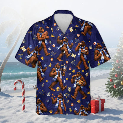 Navy matching family hawaiian shirts for Hanukkah, front view