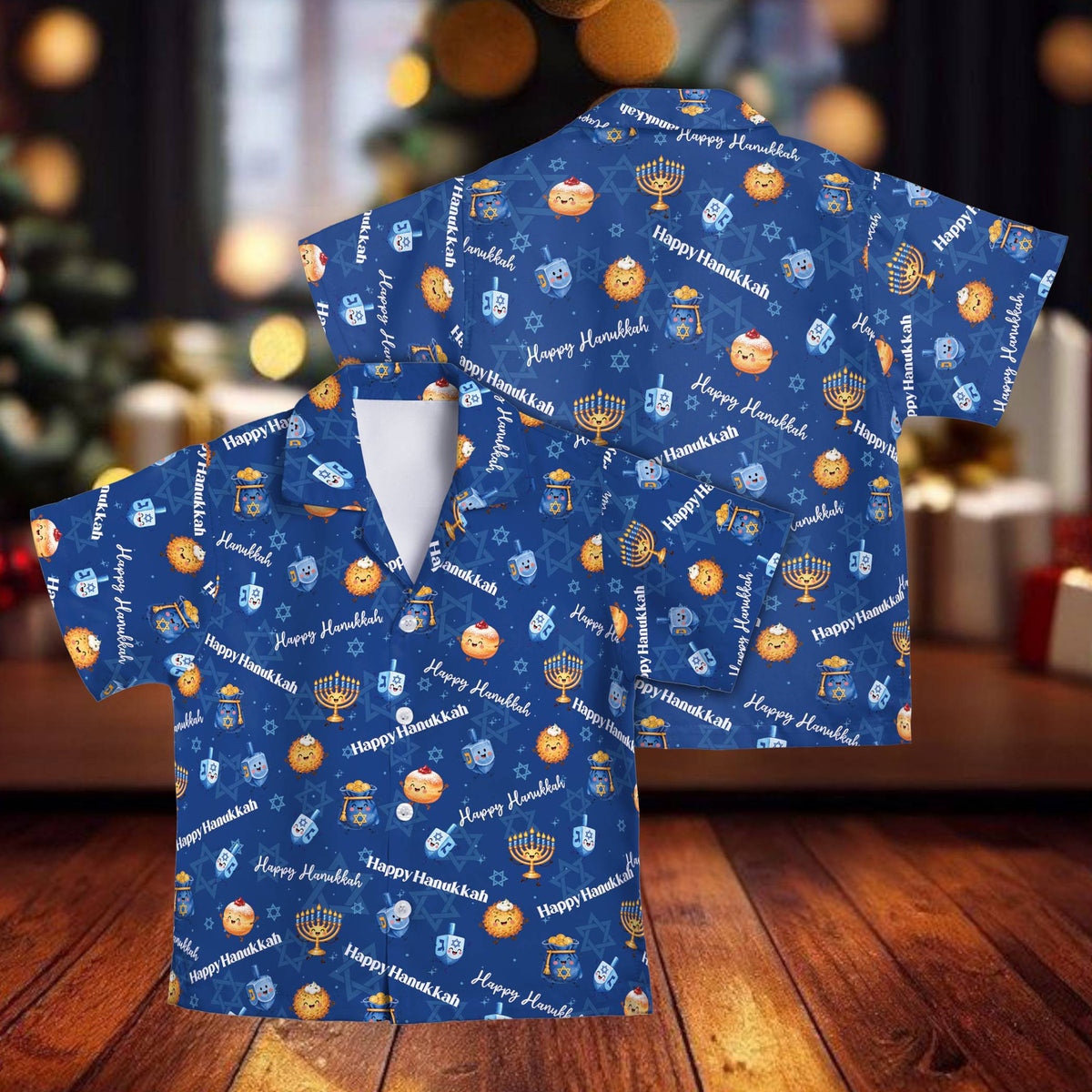 Front view of the navy matching family hanukkah hawaiian shirt with gelt and dreidel design
