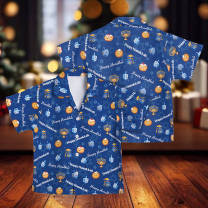 Front view of the navy matching family hanukkah hawaiian shirt with gelt and dreidel design