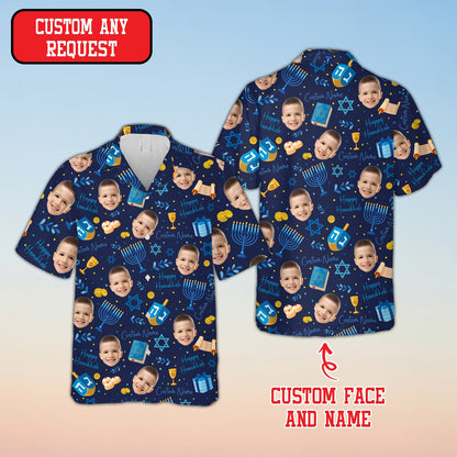 Navy custom hanukkah hawaiian shirt front view