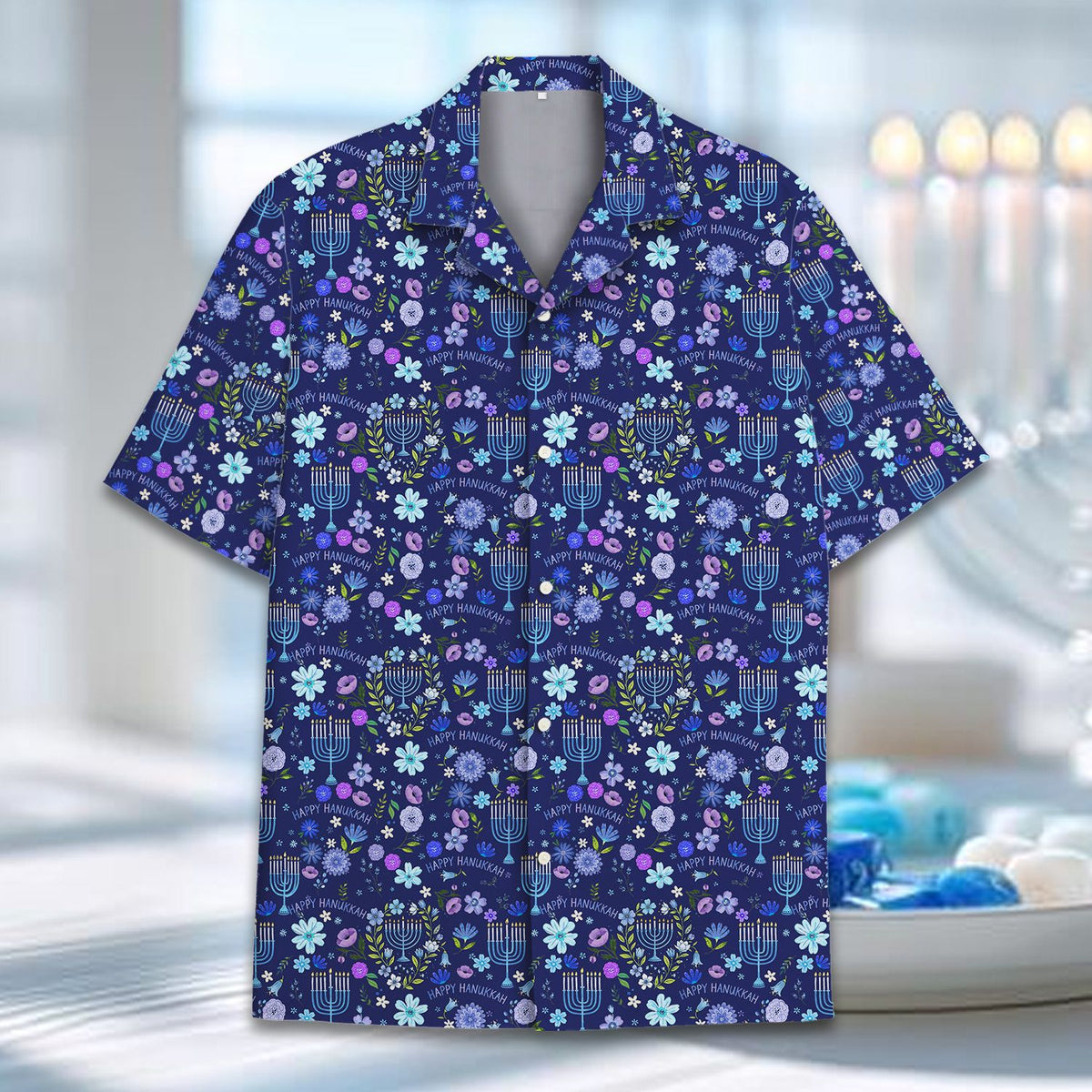 Front view of the navy blue Hanukkah Hawaiian shirt, variant 3