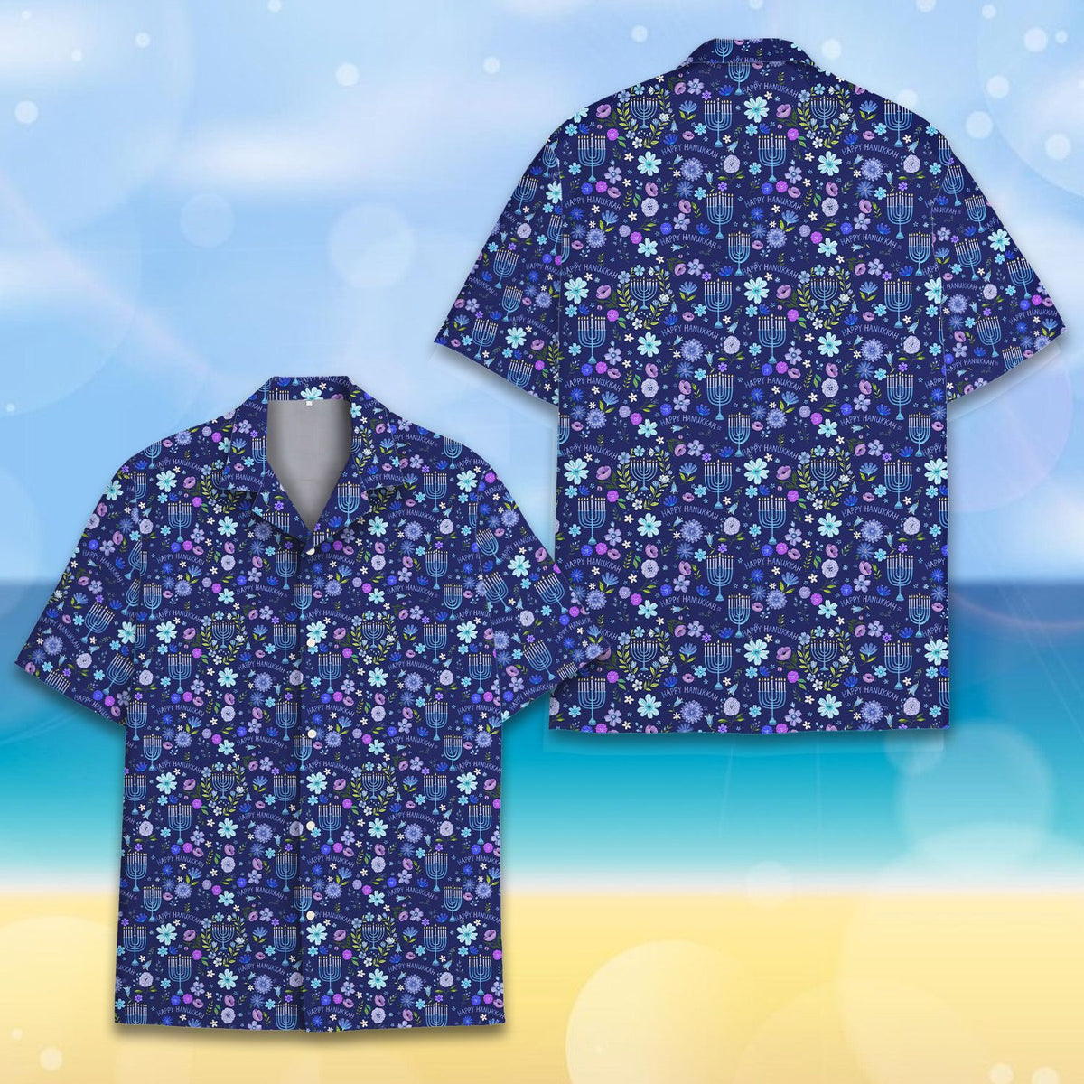 Front view of the navy hanukkah hawaiian shirt with floral pattern