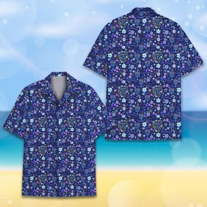 Front view of the navy hanukkah hawaiian shirt with floral pattern