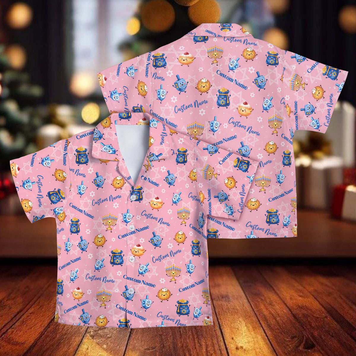 Front view of the pink personalized hanukkah hawaiian shirt featuring holiday symbols