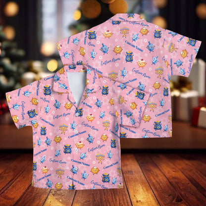 Front view of the pink personalized hanukkah hawaiian shirt featuring holiday symbols