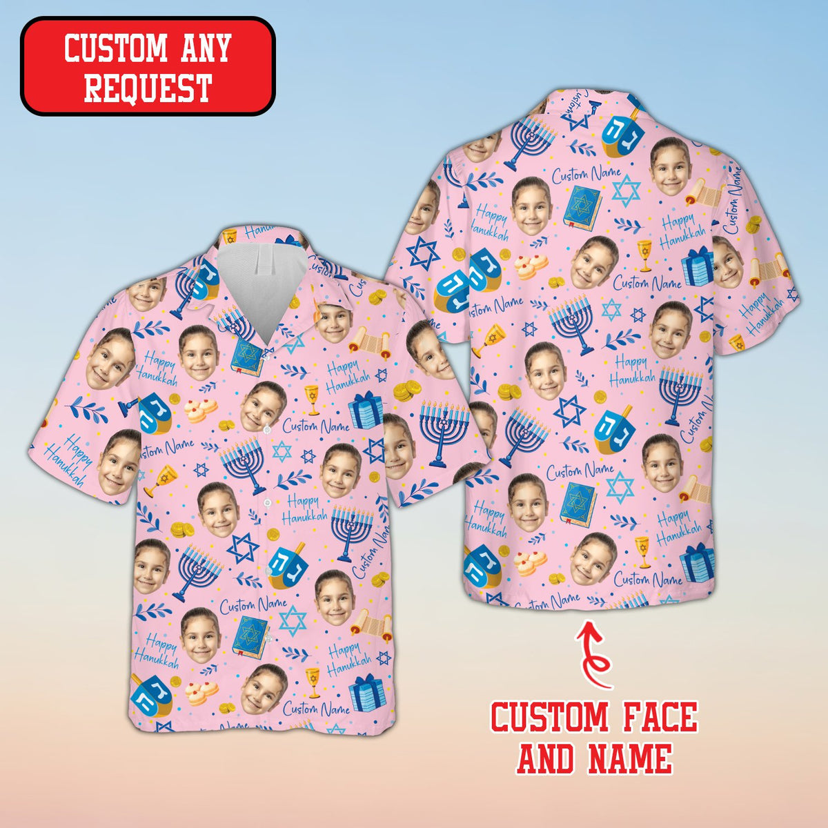 Pink holiday hawaiian shirt with custom name and number front view