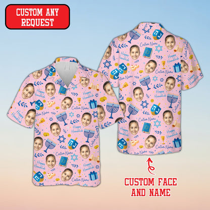 Pink holiday hawaiian shirt with custom name and number front view