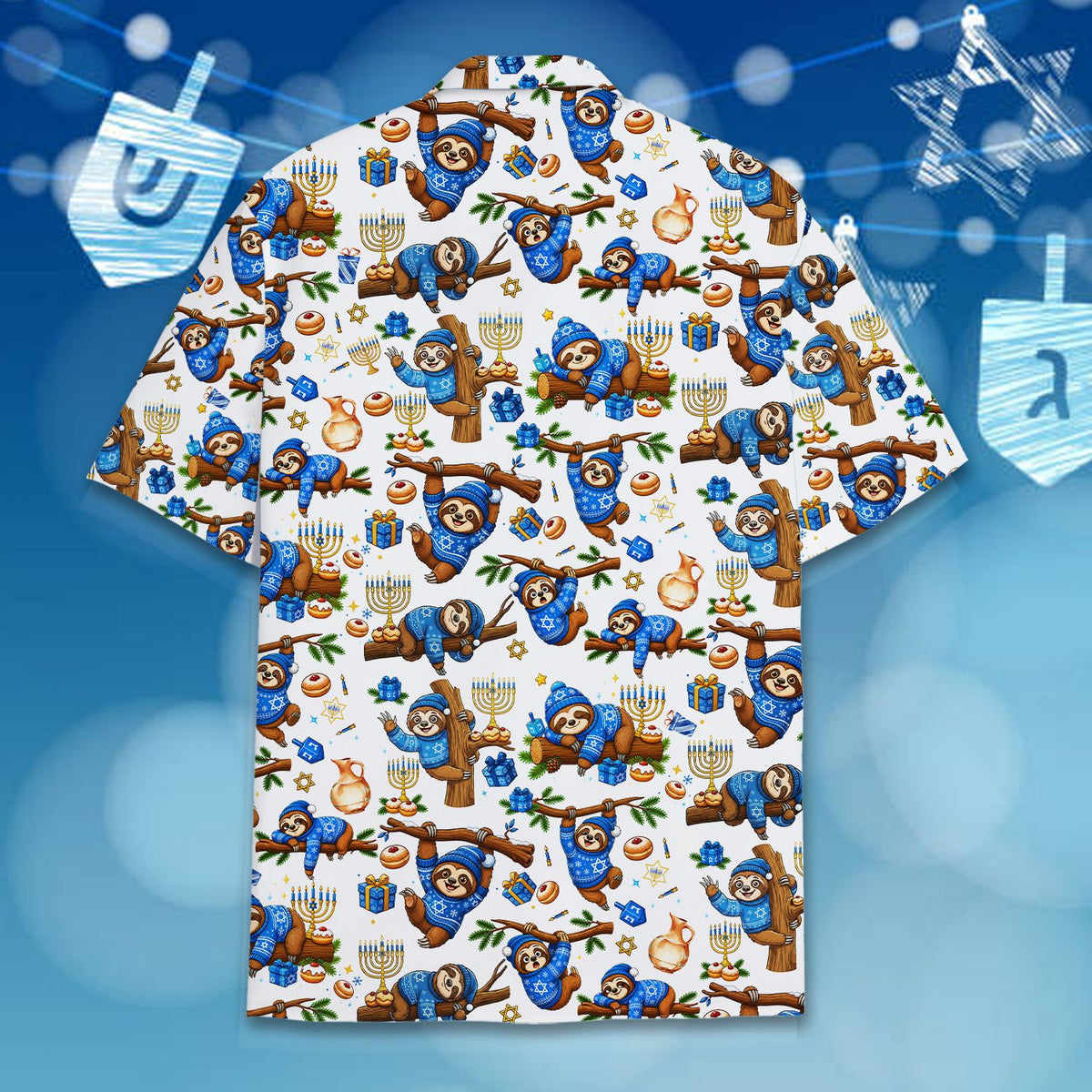 Alternative back view of the hanukkah sloth hawaiian shirt