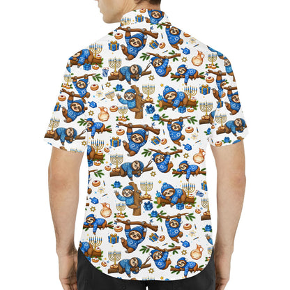 Back view of the sloth print hawaiian shirt showing the full festive pattern