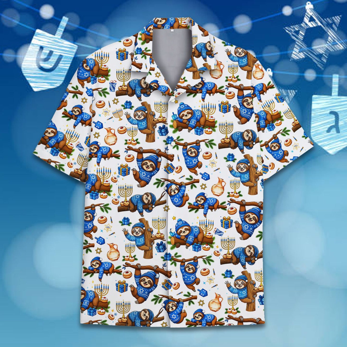 Another front view of the white hanukkah hawaiian shirt with sloth pattern