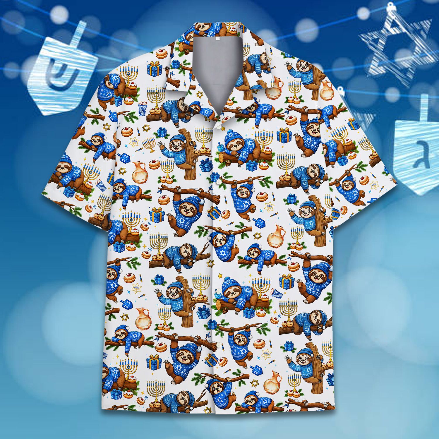Another front view of the white hanukkah hawaiian shirt with sloth pattern