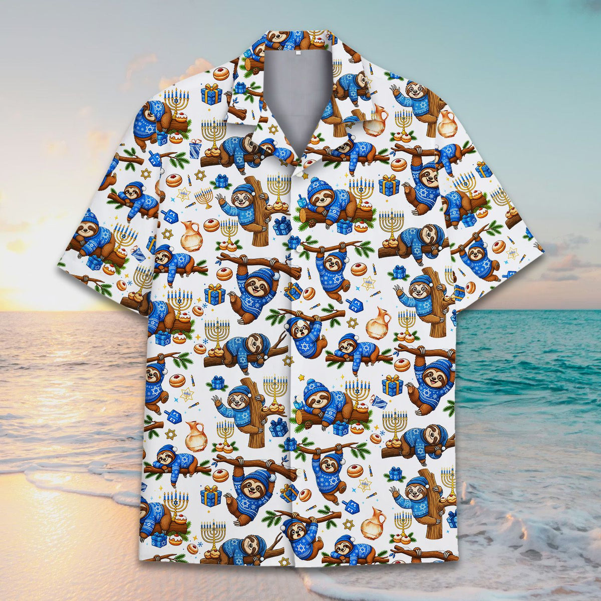 Close up front view of the hanukkah sloth hawaiian shirt collar and buttons