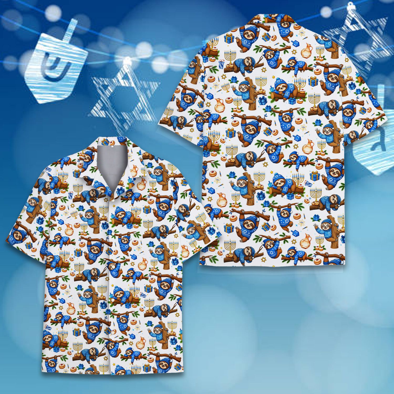 Main view of the hanukkah sloth print hawaiian shirt featuring dreidels and menorahs