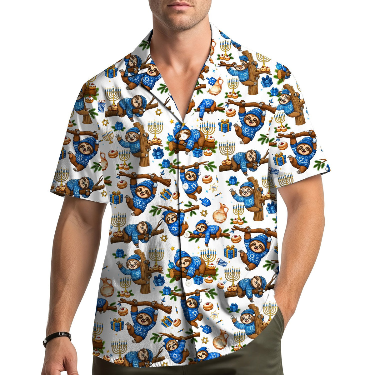 Another lifestyle view showing the sloth print hawaiian shirt being worn