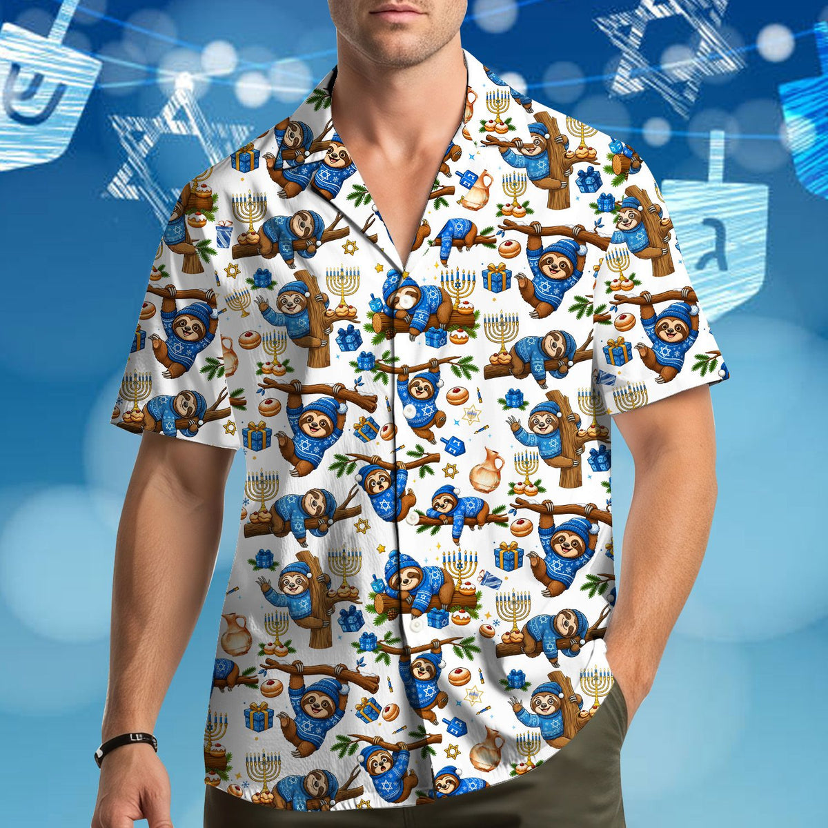 Lifestyle setting of the hanukkah sloth hawaiian shirt for holiday celebrations