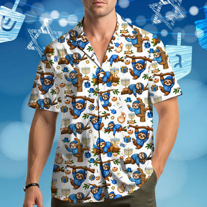 Lifestyle setting of the hanukkah sloth hawaiian shirt for holiday celebrations