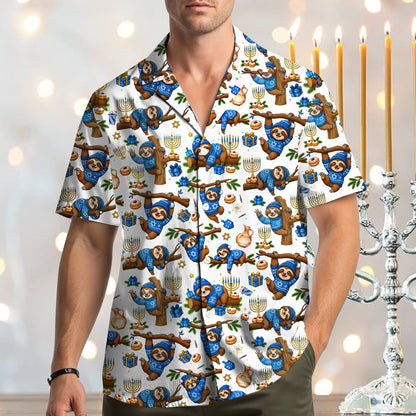 Final lifestyle view of the matching family hanukkah sloth hawaiian shirts