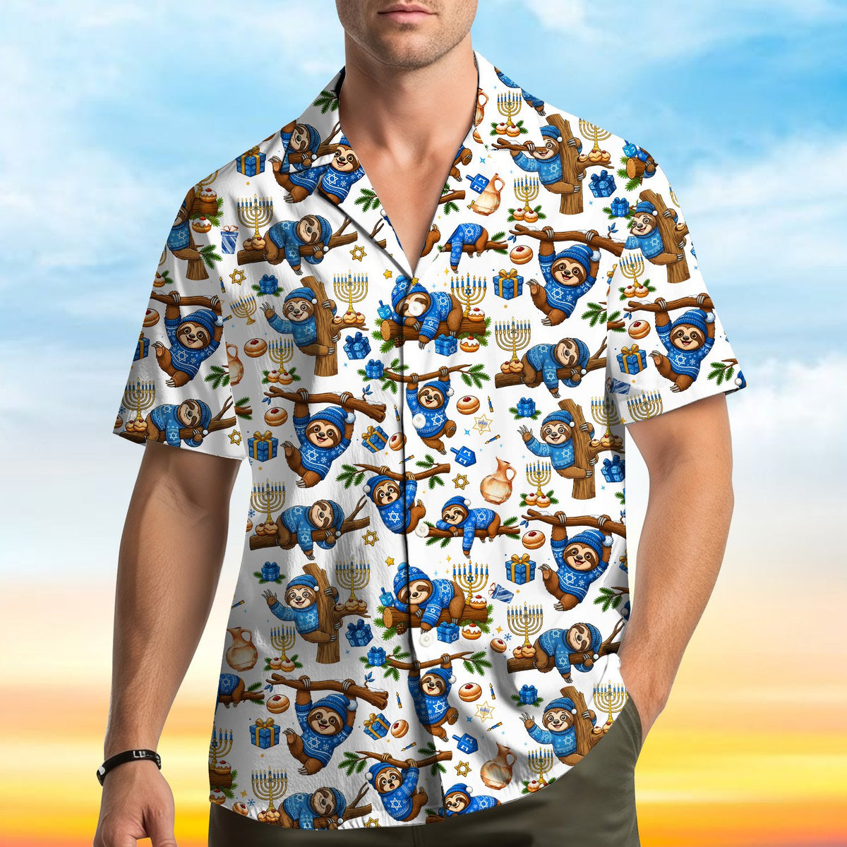 Lifestyle view of the matching family hawaiian shirts with hanukkah sloth design