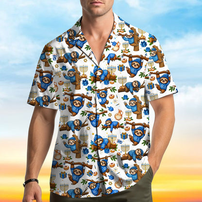 Lifestyle view of the matching family hawaiian shirts with hanukkah sloth design