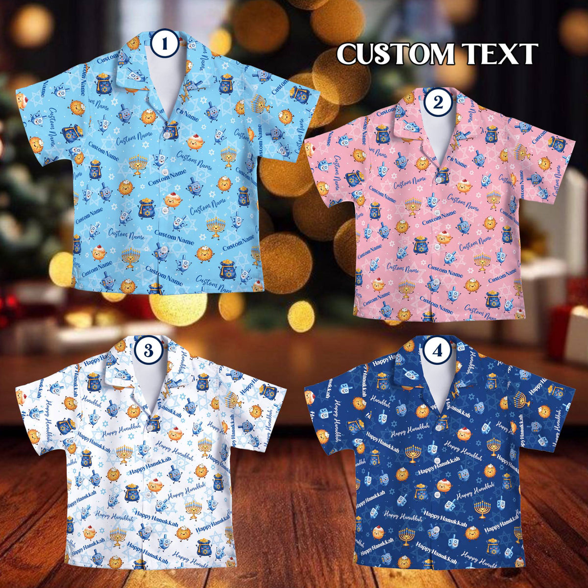 Detailed view of the hanukkah holiday pattern on the personalized hawaiian shirt