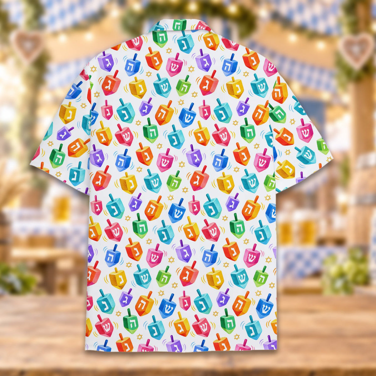 Second back view showing the colorful dreidels pattern