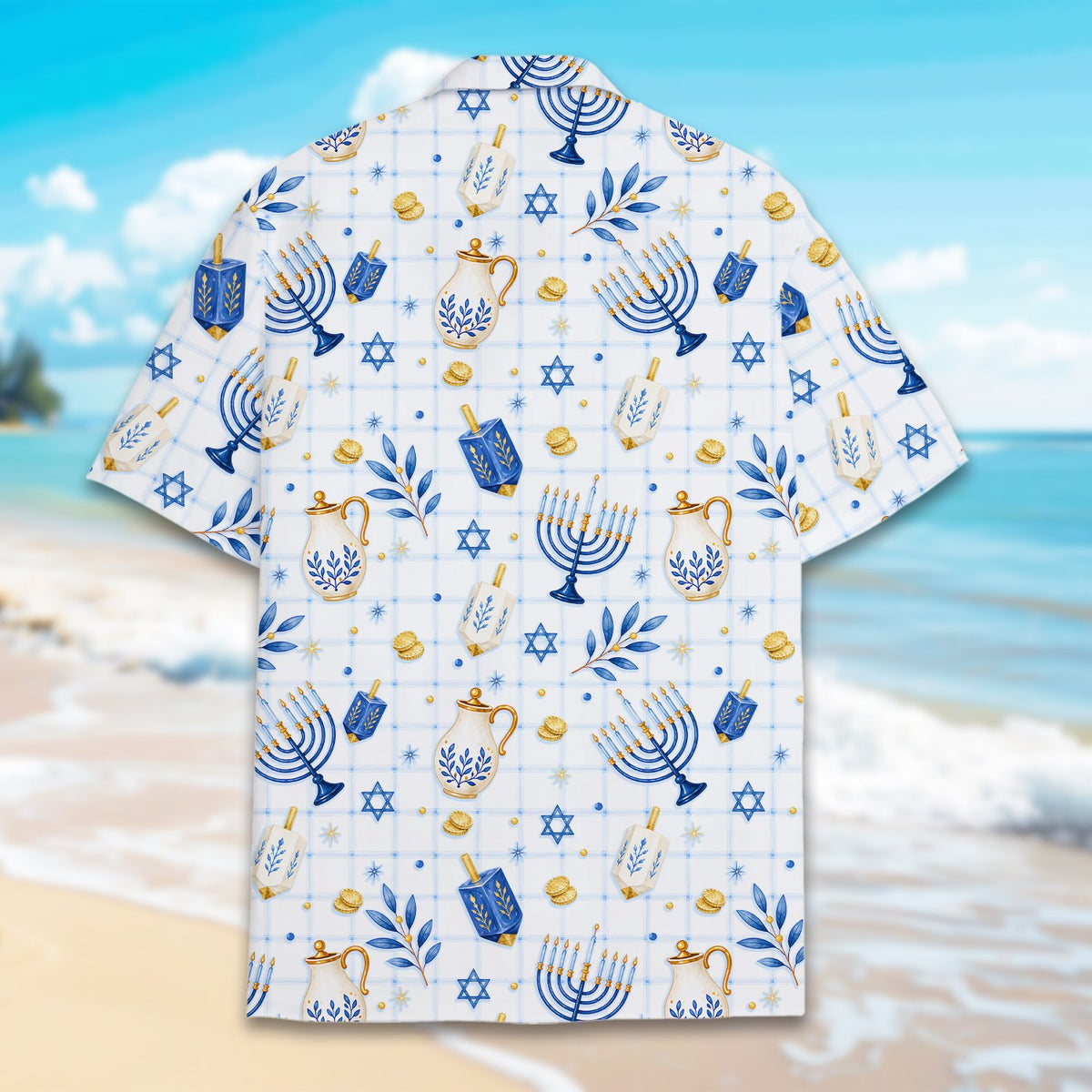 Lifestyle view of a family enjoying the holidays wearing matching family hawaiian shirts in navy blue
