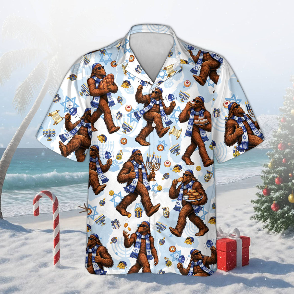 White Hanukkah hawaiian shirt featuring Bigfoot and holiday motifs, front view