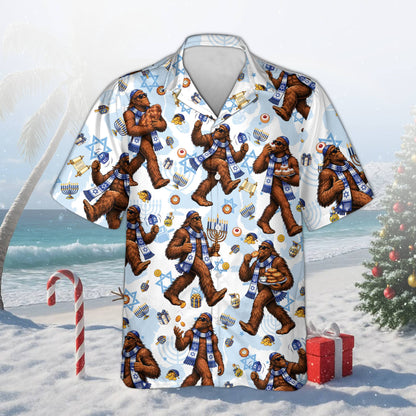 White Hanukkah hawaiian shirt featuring Bigfoot and holiday motifs, front view
