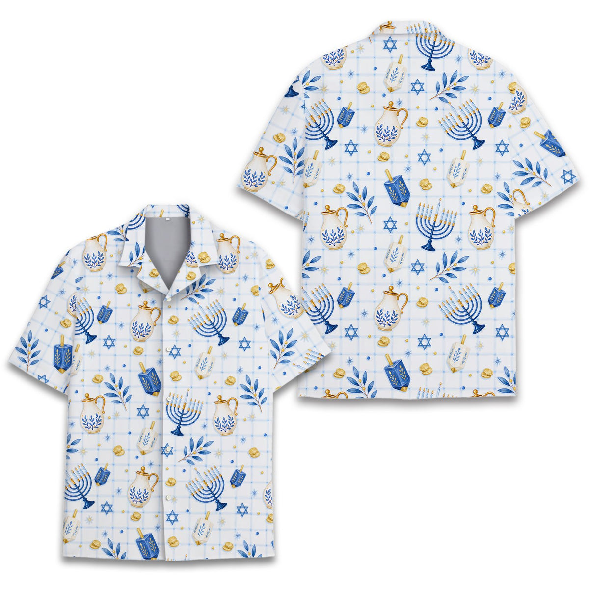 Alternate front view of the festive holiday hawaiian shirt with Star of David and gelt symbols