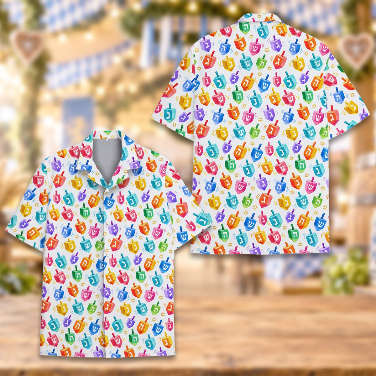 Close-up front view of the Hanukkah holiday hawaiian shirt