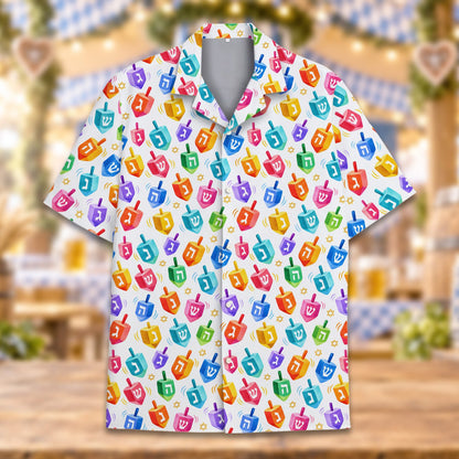 Another front view of the colorful dreidel pattern shirt