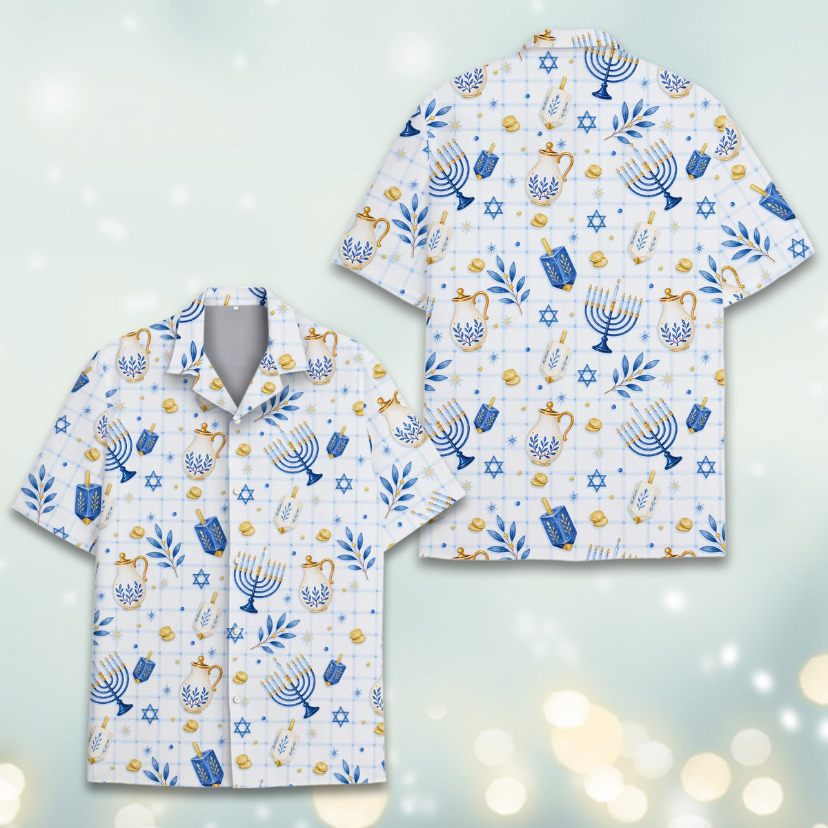 Alternate back view highlighting the elegant script font and blue leafy branches on the hanukkah hawaiian shirt