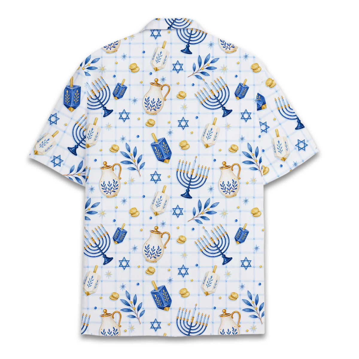 Navy blue hanukkah hawaiian shirt featuring gold menorahs and dreidels on a matching family hawaiian shirts display