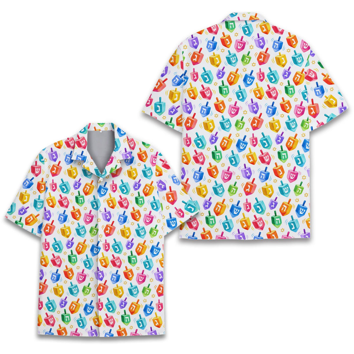 Front view of the white matching family hawaiian shirt for Hanukkah