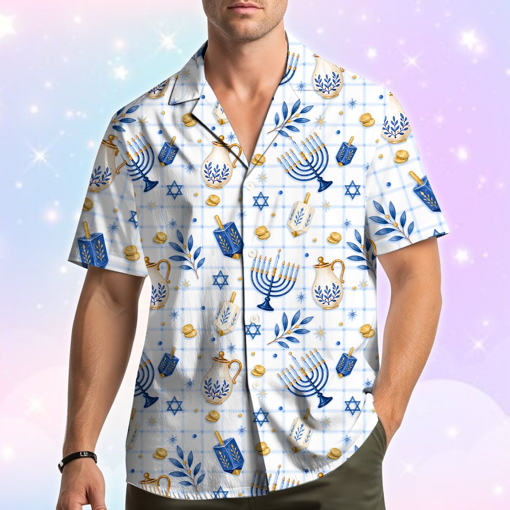 Third lifestyle view showcasing the festive family matching outfits with Hanukkah motifs