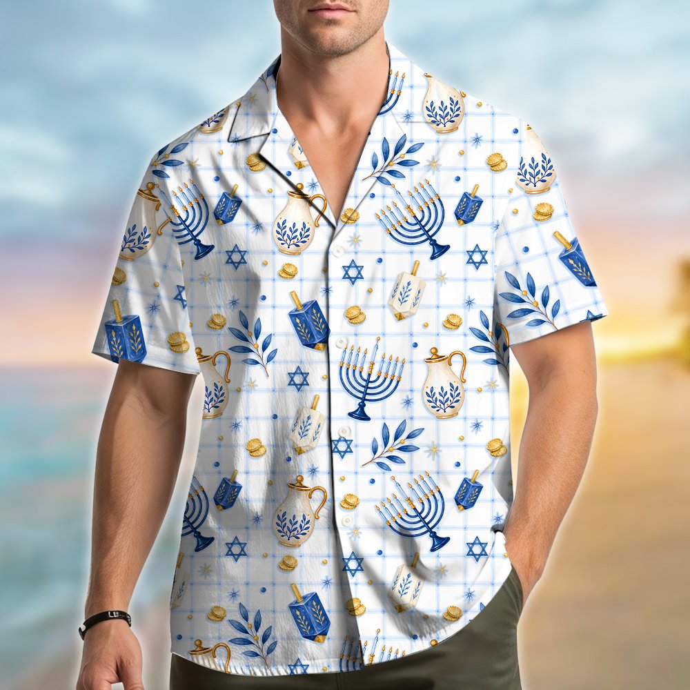 Fourth lifestyle view of the hanukkah hawaiian shirt styled for a winter holiday gathering