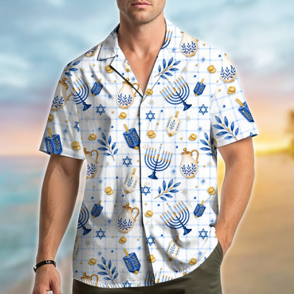 Fourth lifestyle view of the hanukkah hawaiian shirt styled for a winter holiday gathering